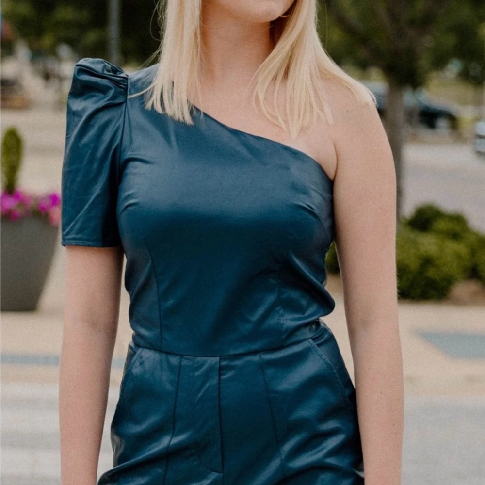 Mozelle Navy One Shoulder Leather Romper